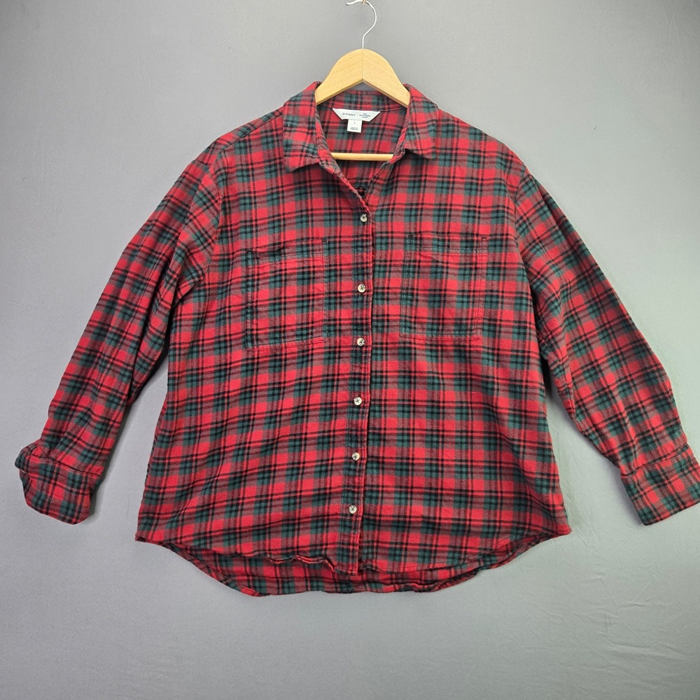 Old Navy Flannel Shirt Boyfriend Plaid Red Green L Button Up Long Sleeve Cotton